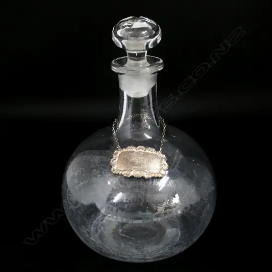 MAX GREGOR & CO LONDON 'WINE FLAGON' ETCHED GLASS DECANTER w. stg silver PORT label H.270mm