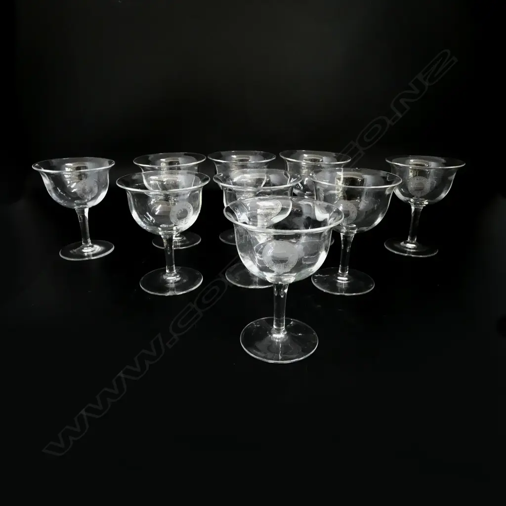 9 ETCHED GLASSES w. GARTERED circlet 'E.E. GAHAGHAN' faults H.110mm Image 1++