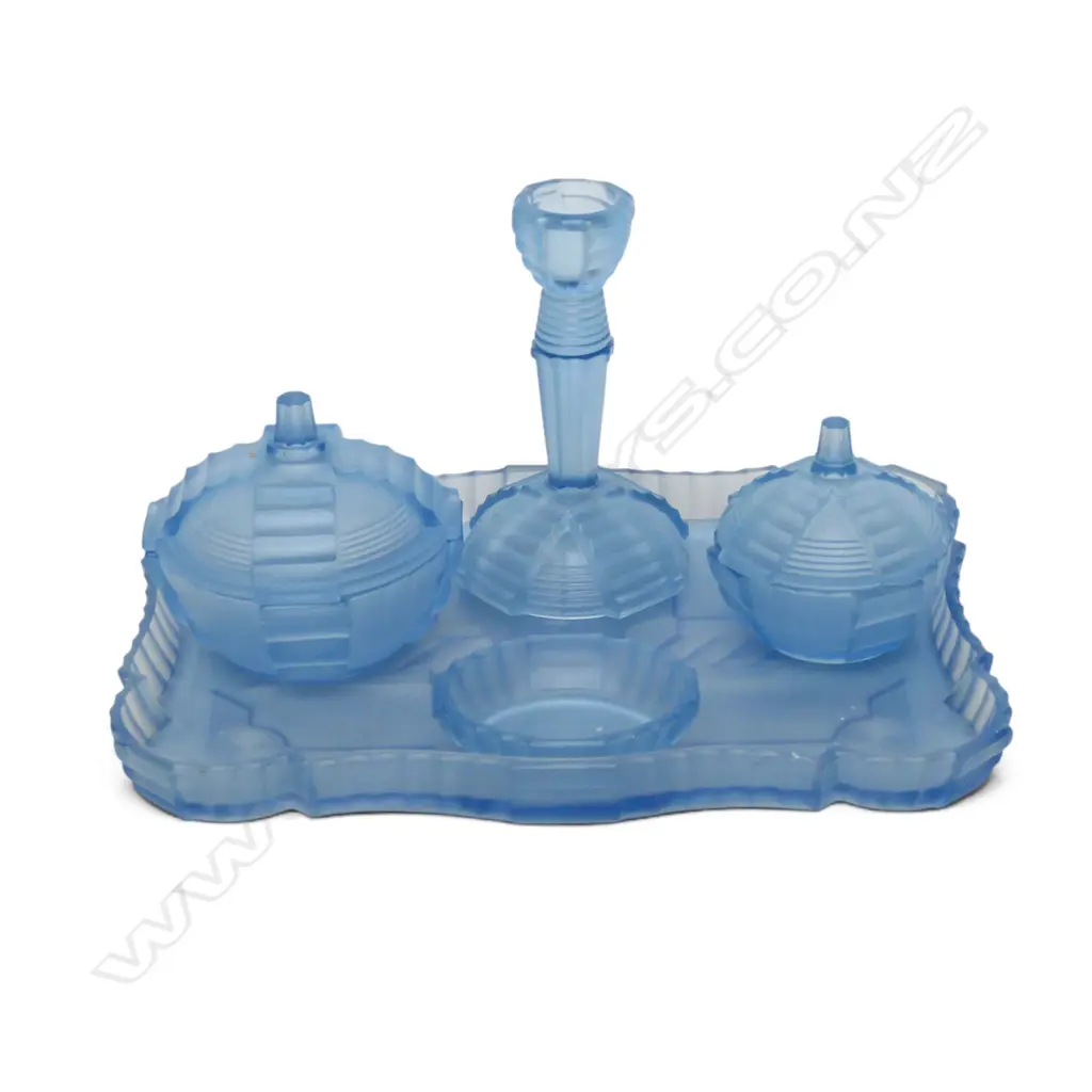 ART DECO BLUE PRESSED GLASS 5 PCE VANITY SET W.290mm Image 1++