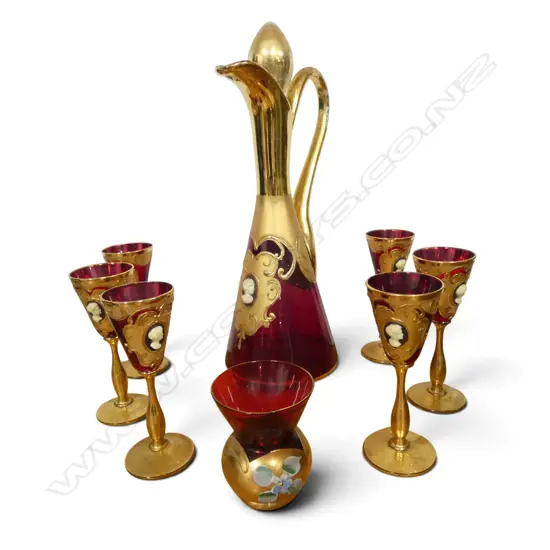 VENETIAN GLASS DECANTER H.280mm & 6 GLASSES + SMALL VASE