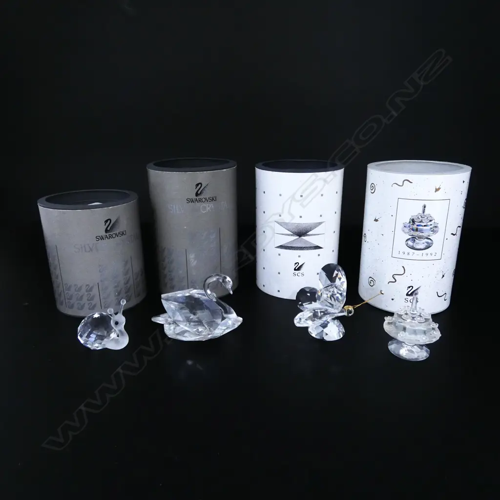 4 SWAROVSKI CRYSTAL ORNAMENTS; SNAIL, SWAN, CAKE & BUTTERFLY Image 1++