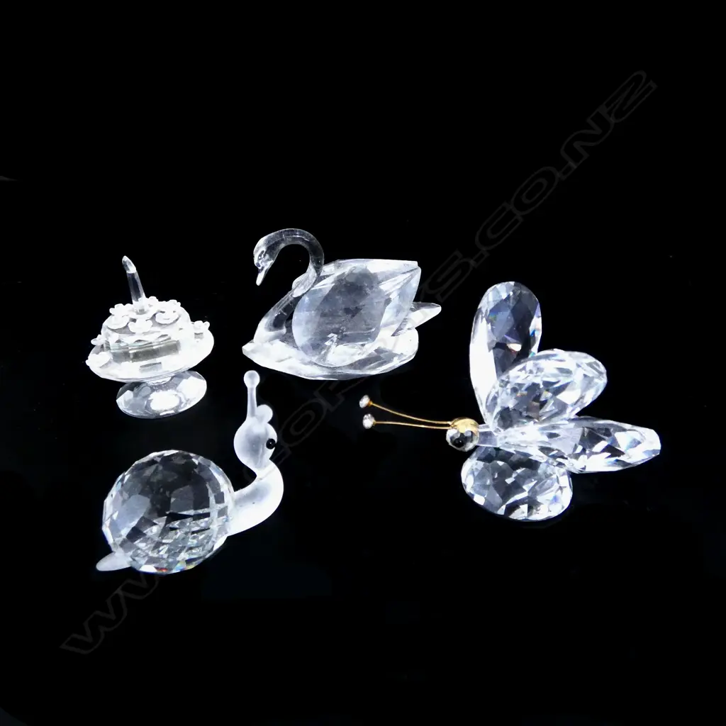 4 SWAROVSKI CRYSTAL ORNAMENTS; SNAIL, SWAN, CAKE & BUTTERFLY Image 1++