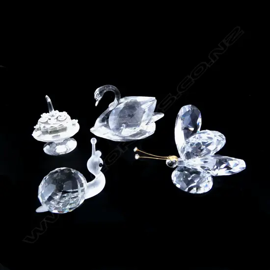 4 SWAROVSKI CRYSTAL ORNAMENTS; SNAIL, SWAN, CAKE & BUTTERFLY