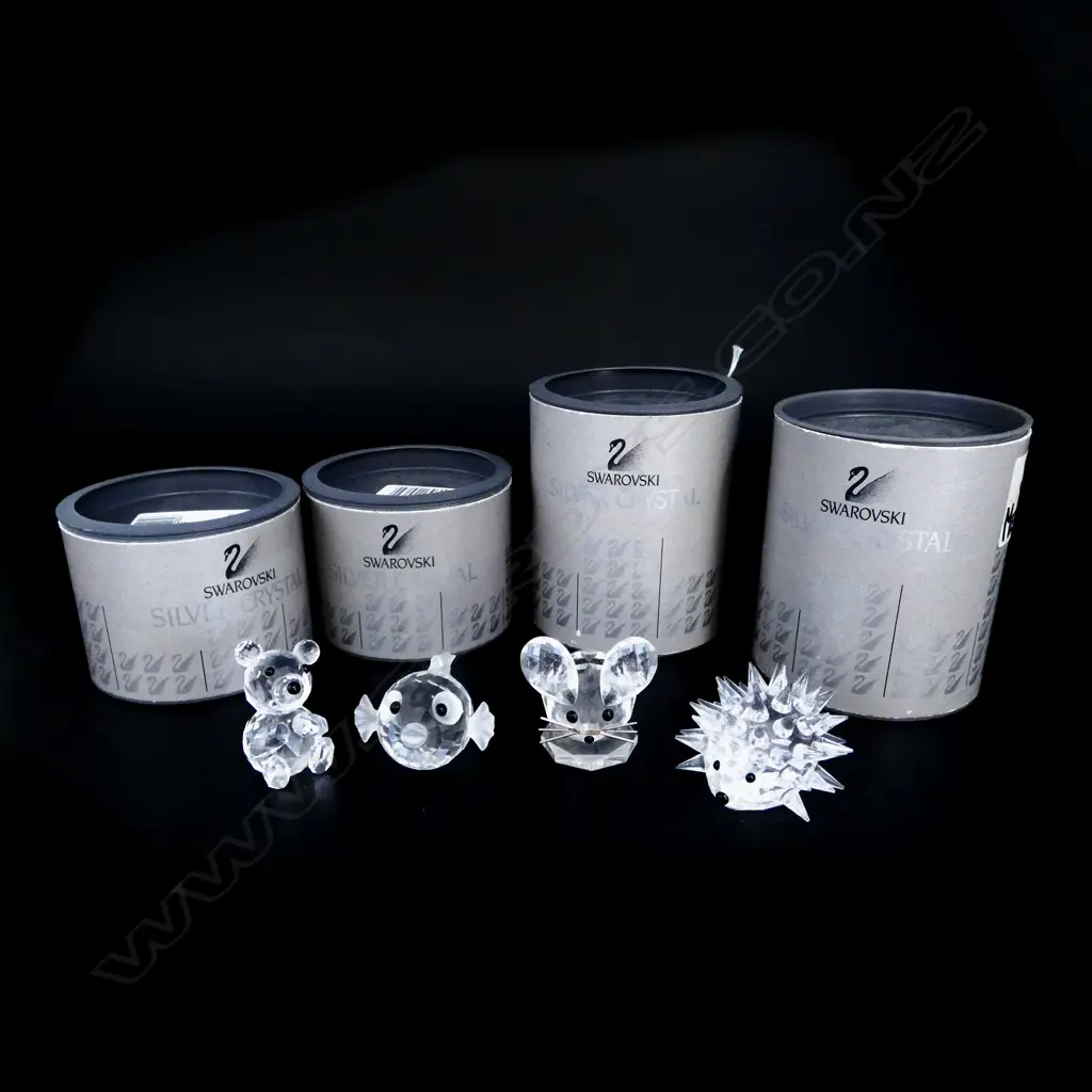 4 SWAROVSKI CRYSTAL ORNAMENTS; PUFFER FISH, TEDDY BEAR, MOUSE & HEDGEHOG Image 1++