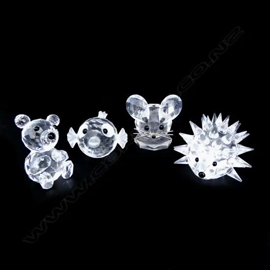 4 SWAROVSKI CRYSTAL ORNAMENTS; PUFFER FISH, TEDDY BEAR, MOUSE & HEDGEHOG