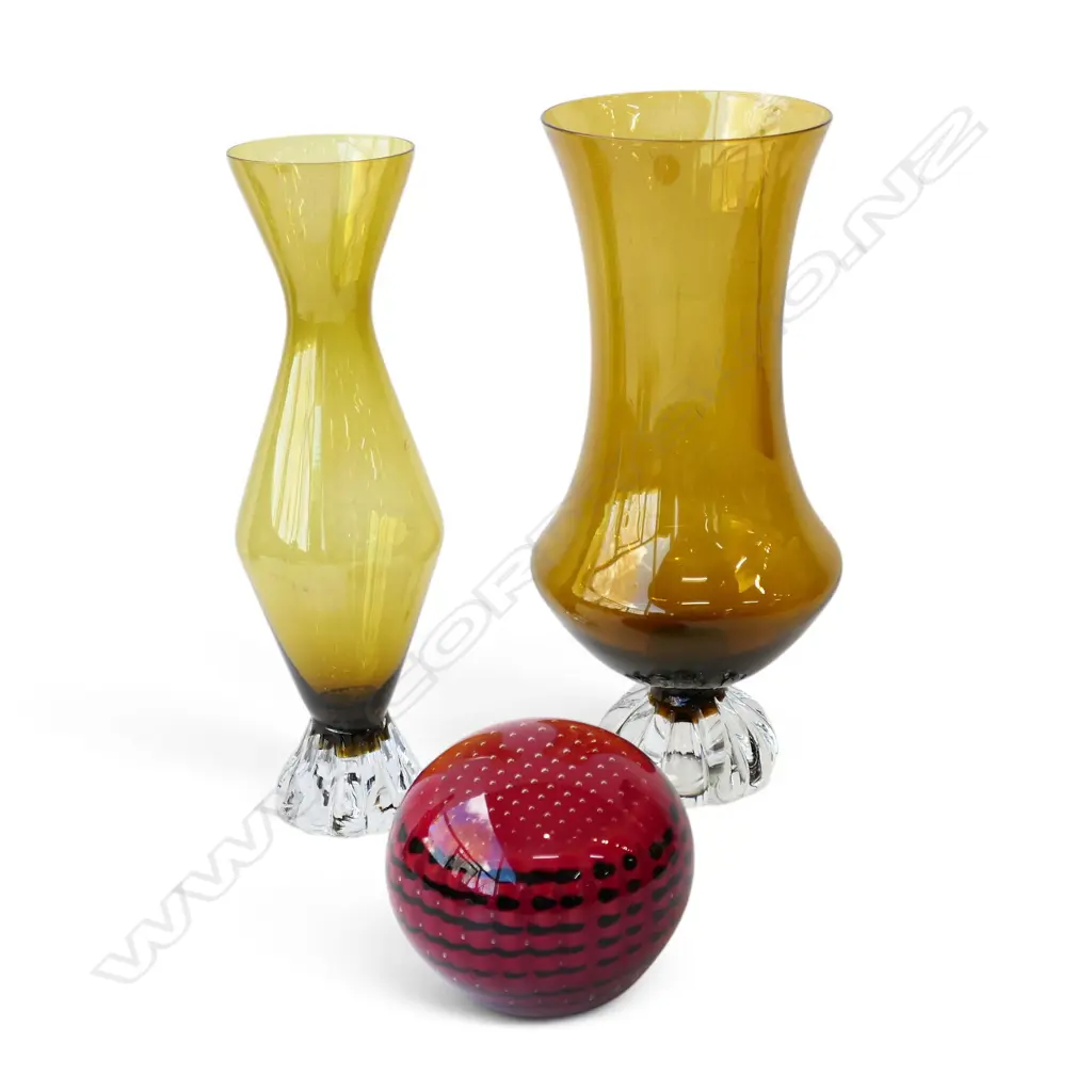TWO ART GLASS VASES + PAPERWEIGHT  TALLEST 260MM Image 1++