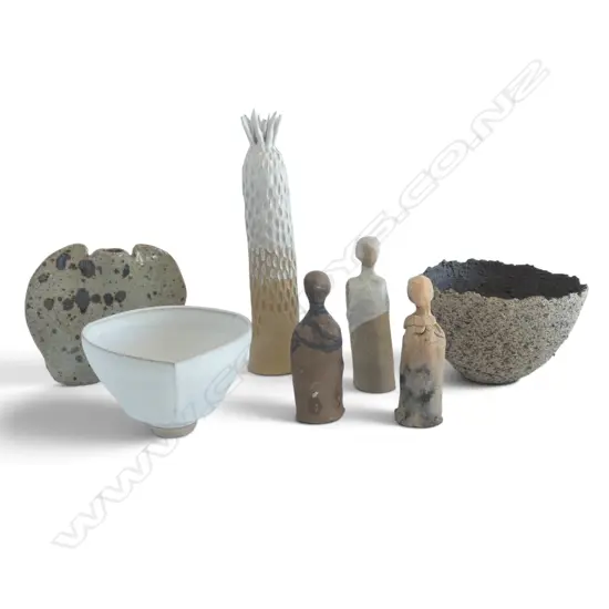 7 PCES STUDIO POTTERY; HANS BAUER BOWL, LIZ MCANDREW TENTACLE VASE H.310mm, ALEX JONES VASE, 3 FIGURES, D. VIOLANTE BOWL
