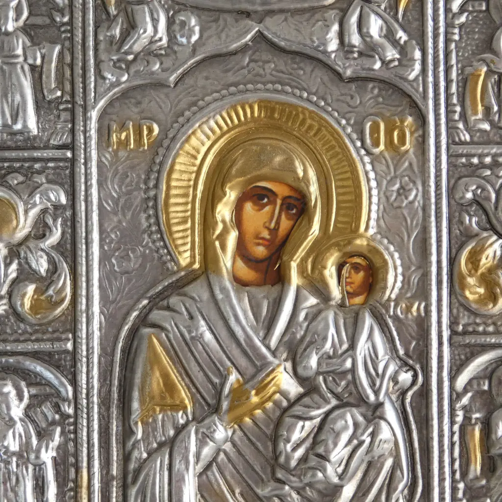 GREEK ORTHODOX CHRISTIAN ICON OF MARY HOLDING THE CHILD JESUS, 250 X 200MM Image 1++