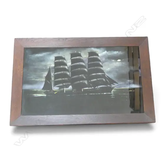 ARTIST UNKNOWN, 'SAILING SHIP IN MOONLIGHT', OIL ON VELVET (HOUSED IN OAK FRAME), 505 X 870MM
