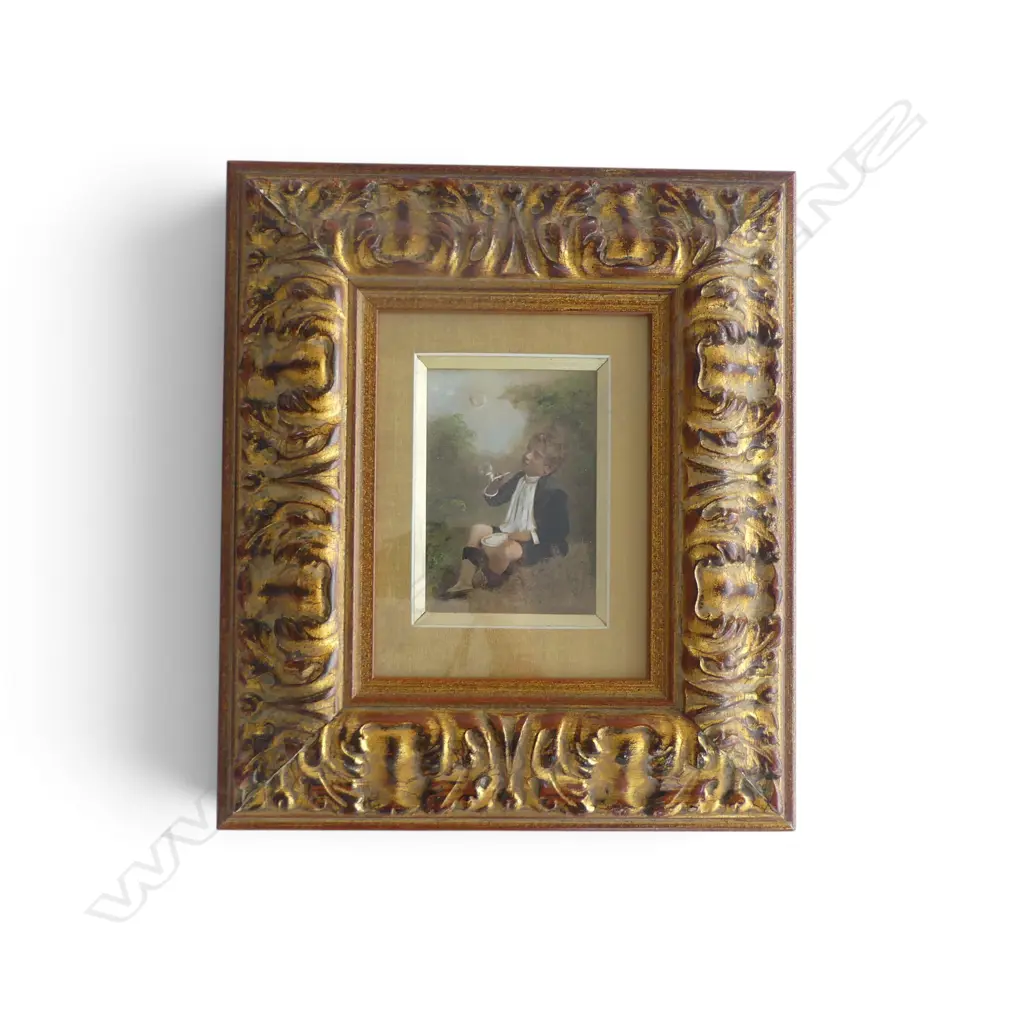 ANTIQUE HAND FINISHED PRINT, BOY BLOWING BUBBLES 135x95mm Image 1++