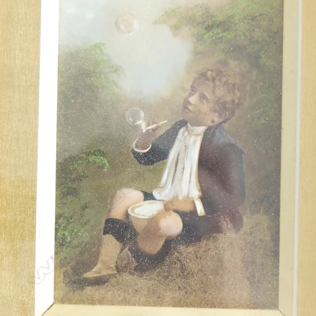 ANTIQUE HAND FINISHED PRINT, BOY BLOWING BUBBLES 135x95mm Image 1++