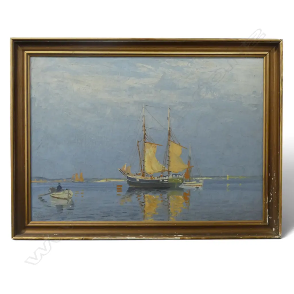 GUSTAV P. RIMMER (DENMARK 1904-1988), SAIL BOATS, OIL ON CANVAS, SIGNED & DATED '59 460x655mm - FAULTS TO FRAME Image 1++