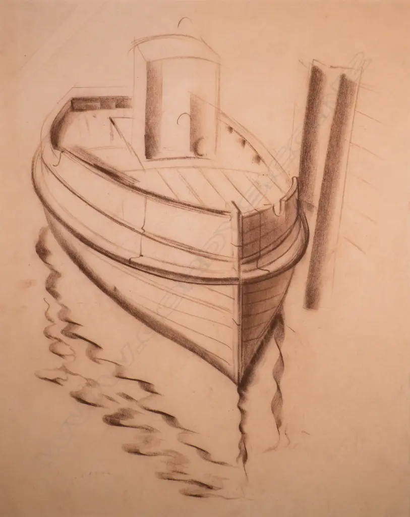 John Weeks (1886-1965). Art Deco Boat Study - Conté. c.1930s Image 1++