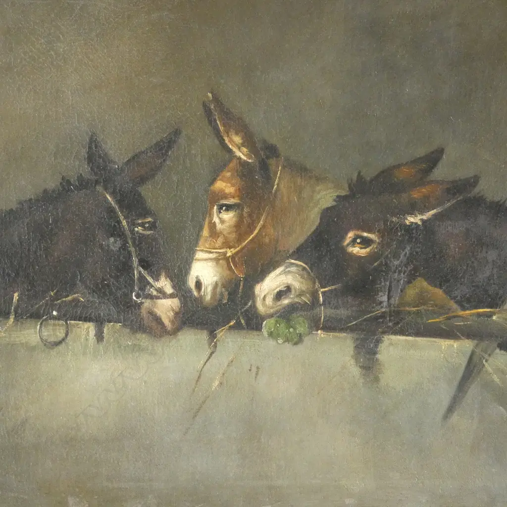 LATE 19thC OIL ON CANVAS, ARTIST UNKNOWN - DONKEYS, 400x520mm + OTHER LANDSCAPE OIL faults Image 1++