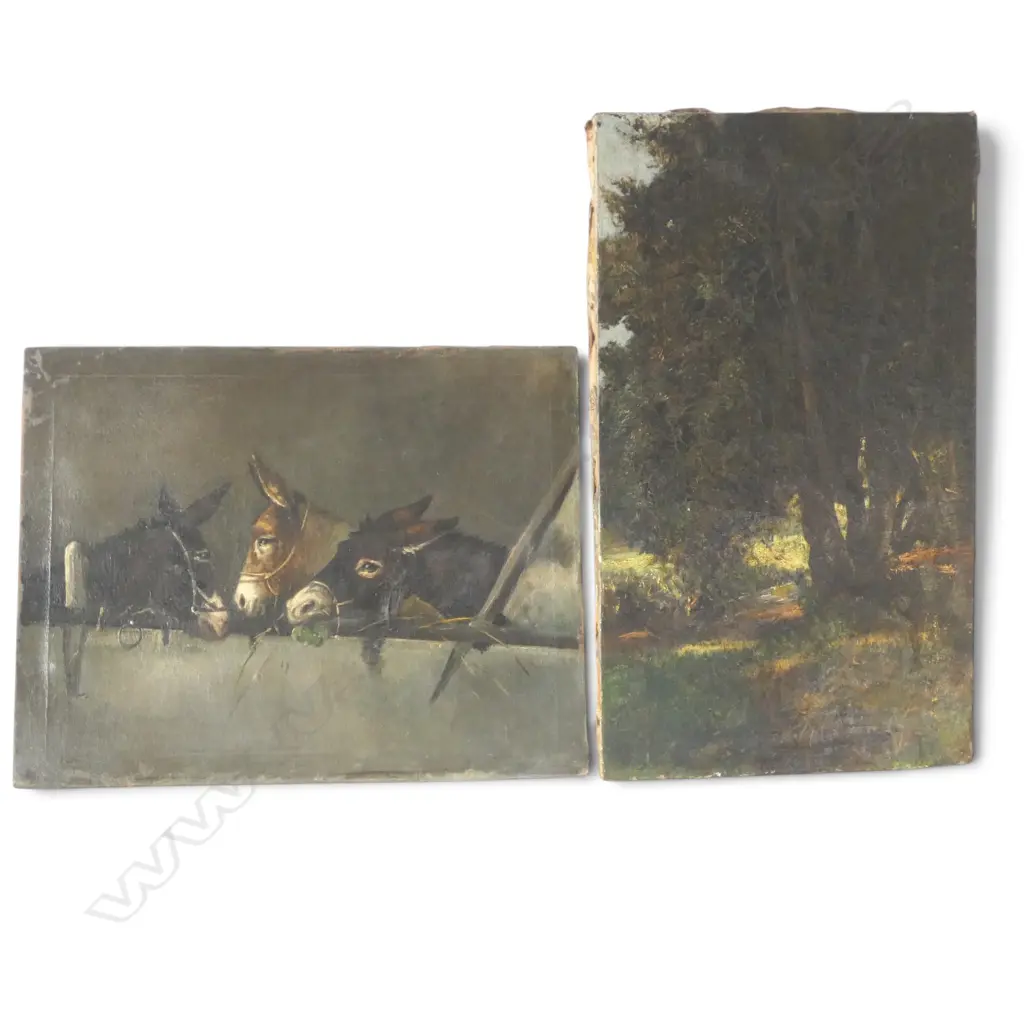 LATE 19thC OIL ON CANVAS, ARTIST UNKNOWN - DONKEYS, 400x520mm + OTHER LANDSCAPE OIL faults Image 1++