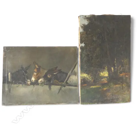 LATE 19thC OIL ON CANVAS, ARTIST UNKNOWN - DONKEYS, 400x520mm + OTHER LANDSCAPE OIL faults