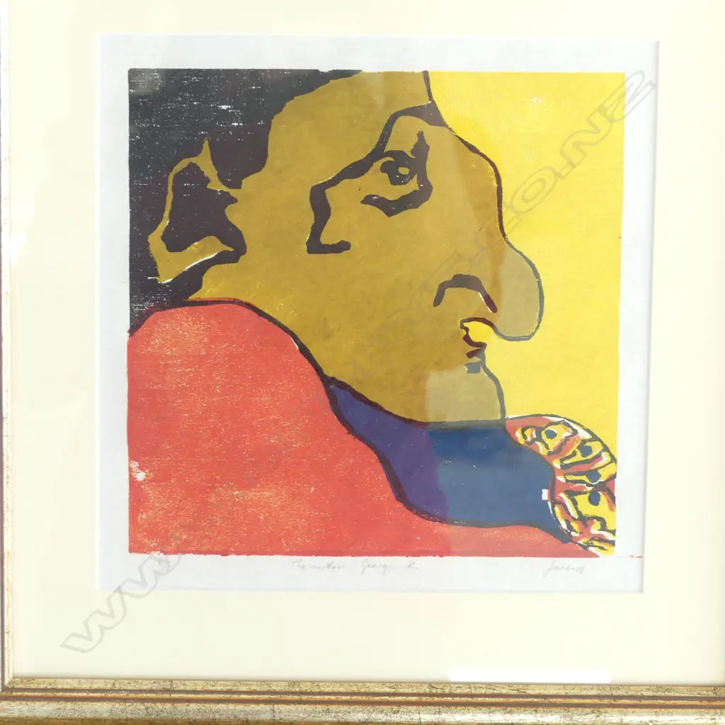 BRYAN JAMES, 'THE ACTOR GEORGE K', COLOURED WOODCUT, 195 X 200mm + DORIS DUTCH 'NUDE STUDY' OIL ON CARD, 250 X 170MM Image 1++