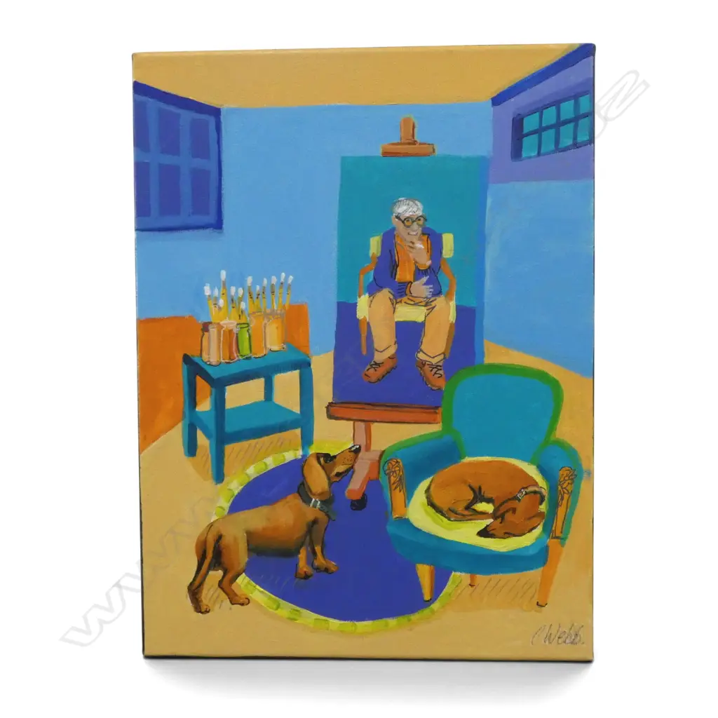 CHRISTINE WEBB, 'DAVID HOCKEY'S DOGS', ACRYLIC ON LINEN, SIGNED, 400 X 300mm Image 1++