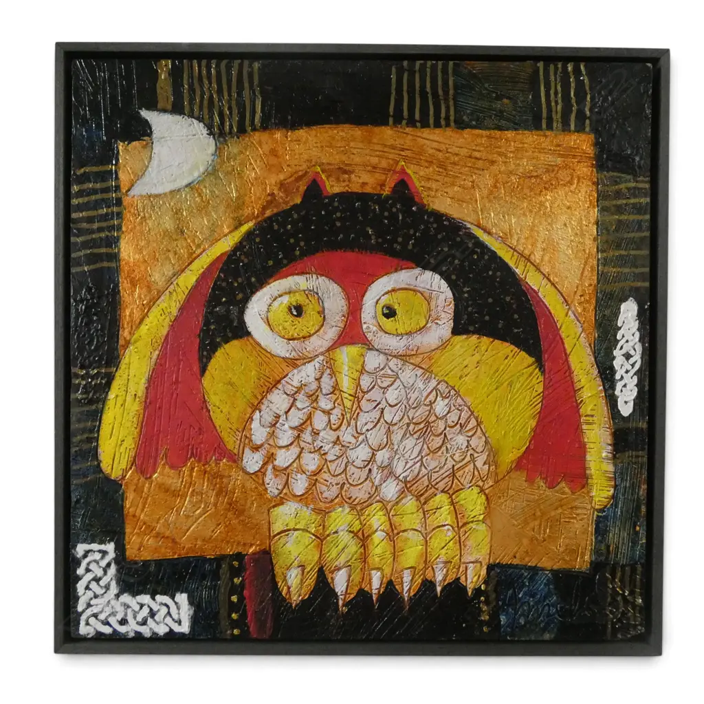 FRANCO ANSEMLI, OWL - NOCTURNE, MIXED MEDIA ON BOARD, SIGNED, 400 X 400MM Image 1++