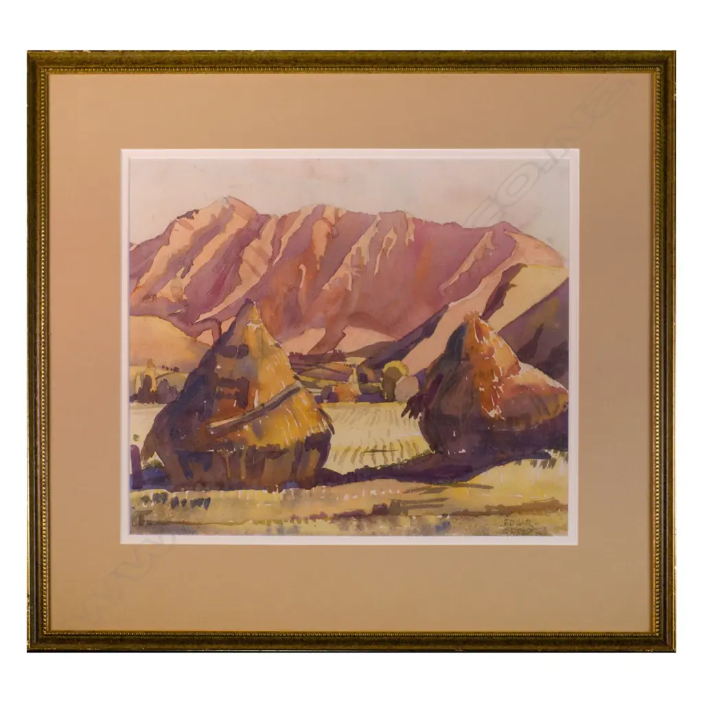 EDGAR CASSILIS SEELYE (1915-1987). HAYSTACKS. SIGNED W/C. 290x340mm Image 1++