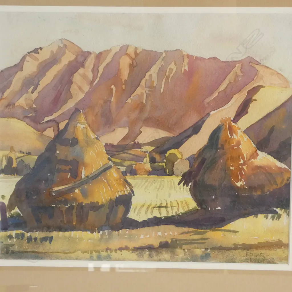 EDGAR CASSILIS SEELYE (1915-1987). HAYSTACKS. SIGNED W/C. 290x340mm Image 1++