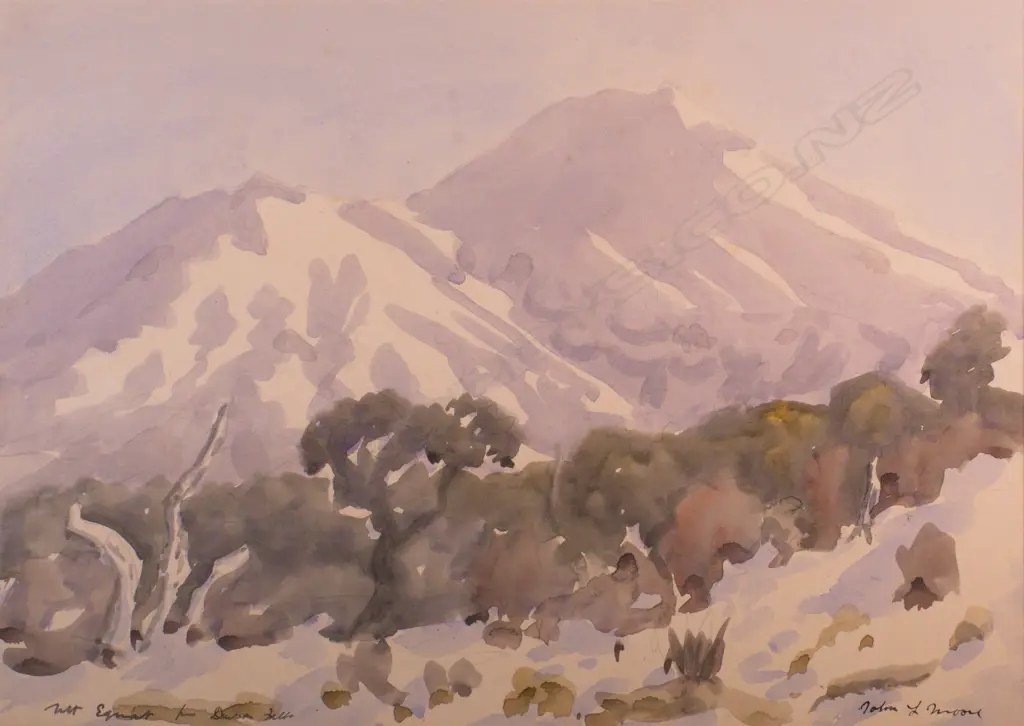 John L. Moore (1897-1965) Mount Egmont from Dawson Falls. Watercolour. c. 1950 Image 1++