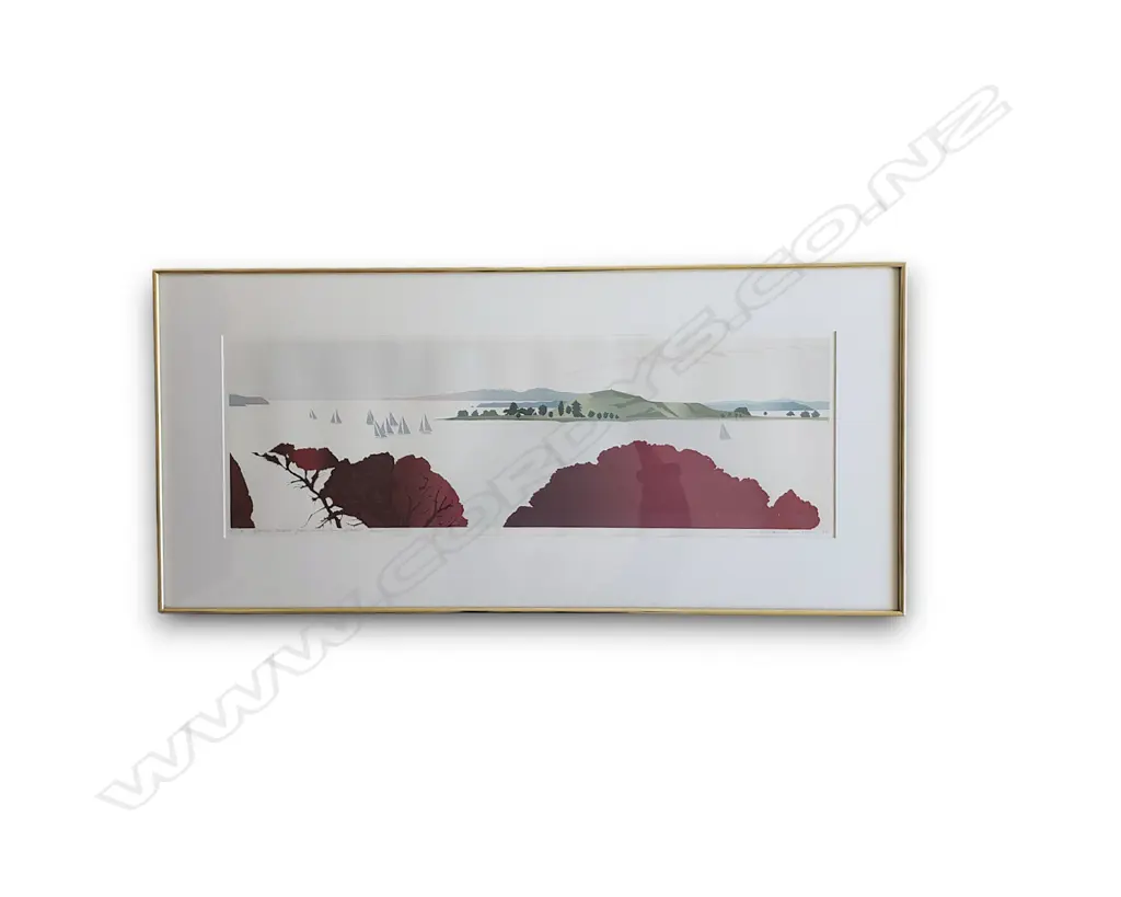 LIMITED EDITION SCREENPRINT TITLED “RANGITOTO, SUMMER EVENING” (1985) BY MALCOLM WARR 250 h X 800 MM Image 1++