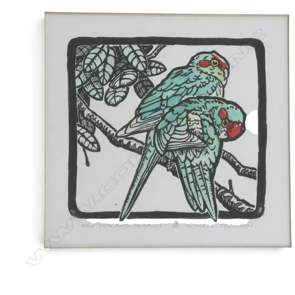 2 RUSSELL JACKSON PRINTS; NZ PARAKEET 13/100, PUKEKO 27/100 190x200mm Image 1++