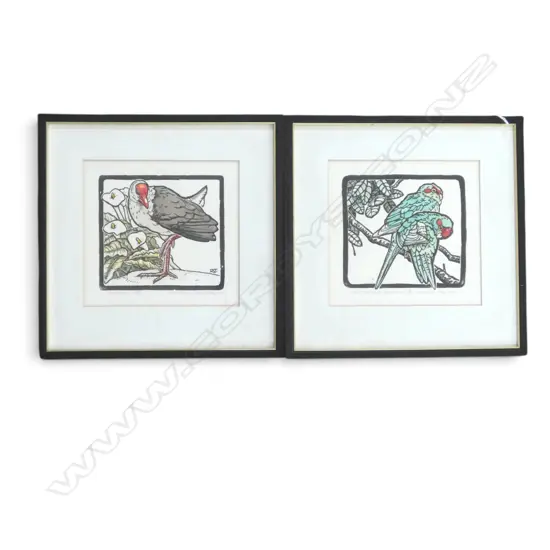 2 RUSSELL JACKSON PRINTS; NZ PARAKEET 13/100, PUKEKO 27/100 190x200mm