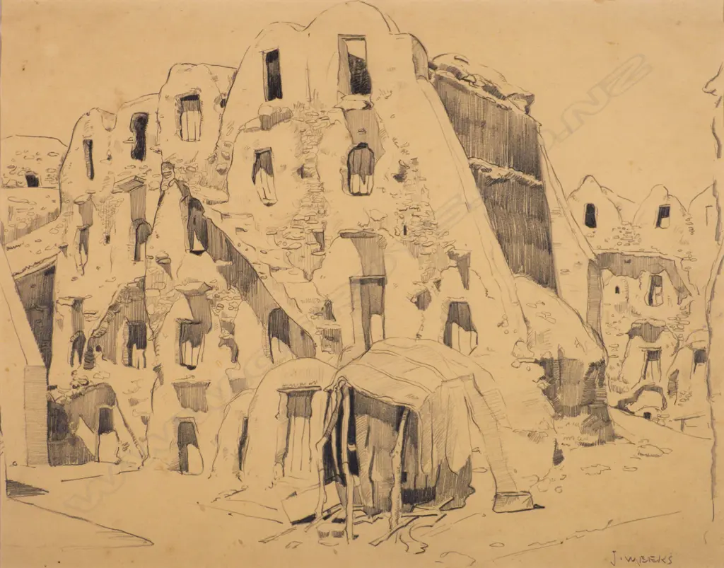 John Weeks (1886-1965) - Mud Brick Granaries (Tunisia) - Graphite c. 1920s. signed Image 1++