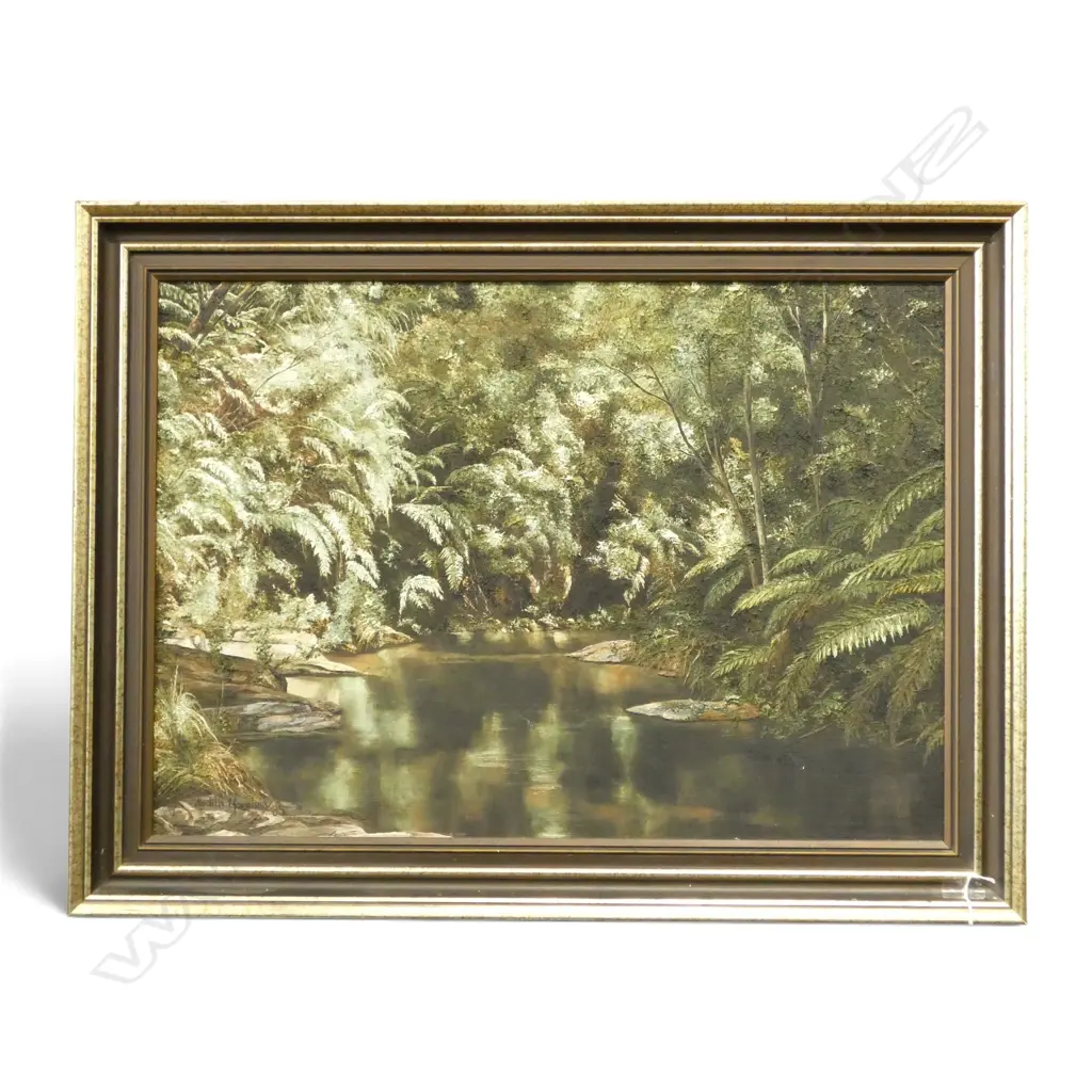 JUDITH MORETON 'BUSH POOL - COROGLEN' OIL ON BOARD, SIGNED & DATED '85 485x685mm Image 1++