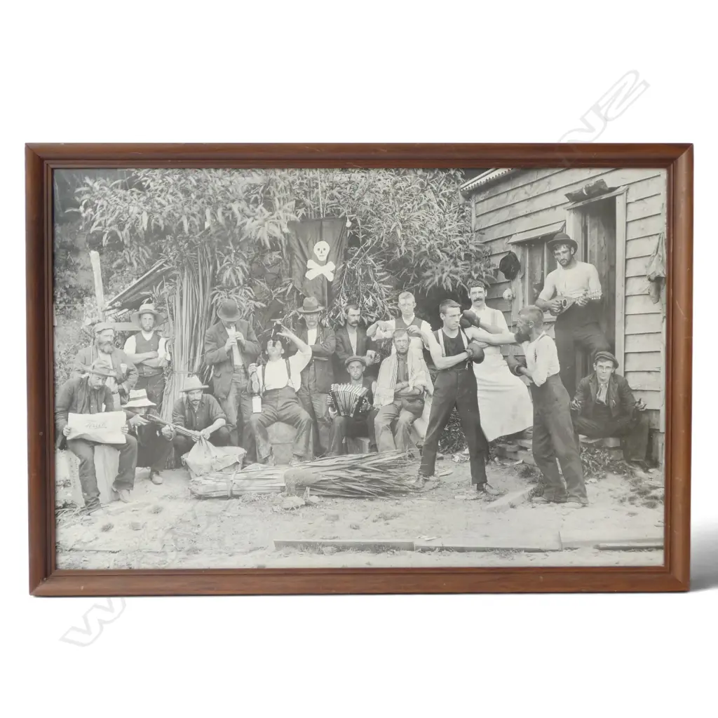 FRAMED PHOTOGRAPH OF 17 WORKERS AT THE PROUSE AND SAUNDERS FLAXMILL PATARAU, 370x570mm Image 1++