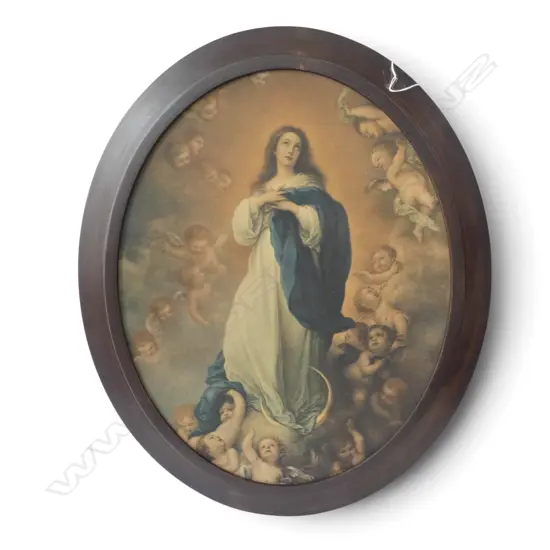 VINTAGE RELIGIOUS PRINT VIRGIN MARY ON CRESENT MOON SURROUNDED BY CHERUBS H595 W495MM