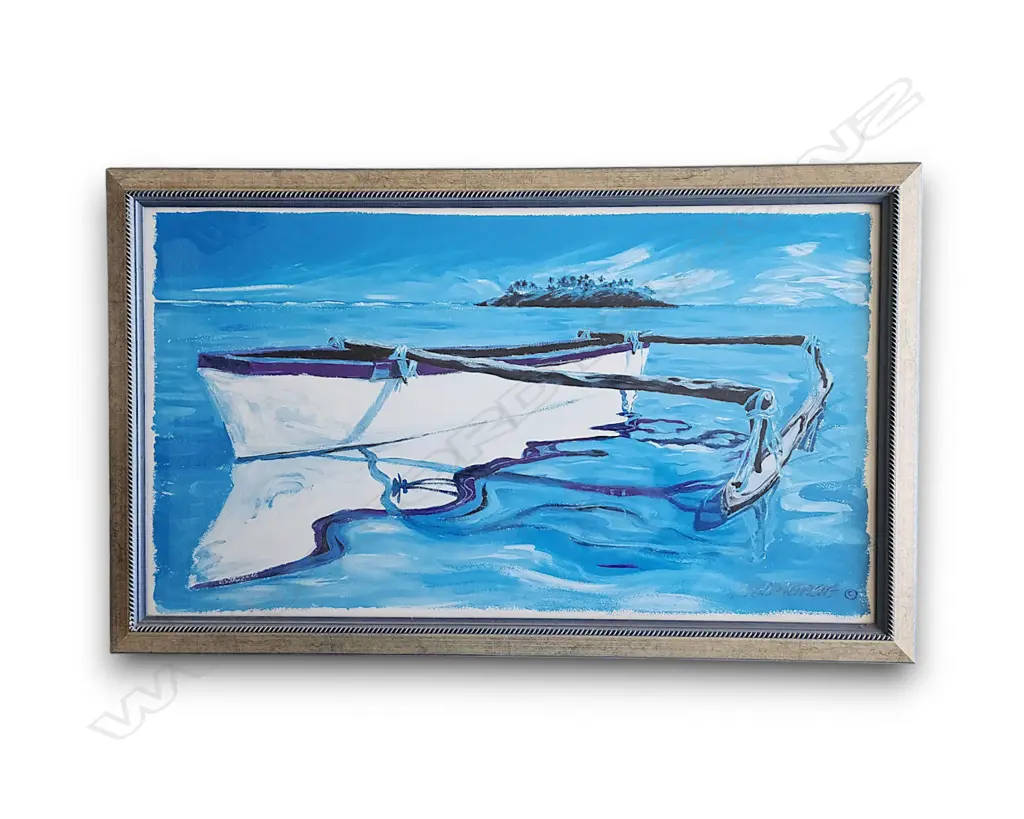 “VAKA ON MURI LAGOON WITH MOTU TA’AKOKA” PRINT BY ANDI MERKENS 480h X 870 MM Image 1++