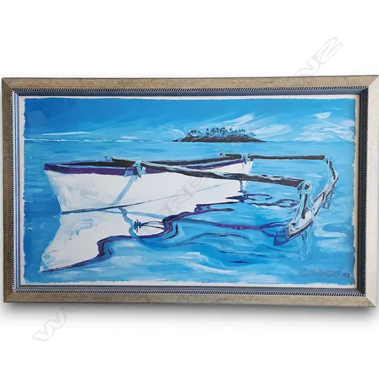 “VAKA ON MURI LAGOON WITH MOTU TA’AKOKA” PRINT BY ANDI MERKENS 480h X 870 MM