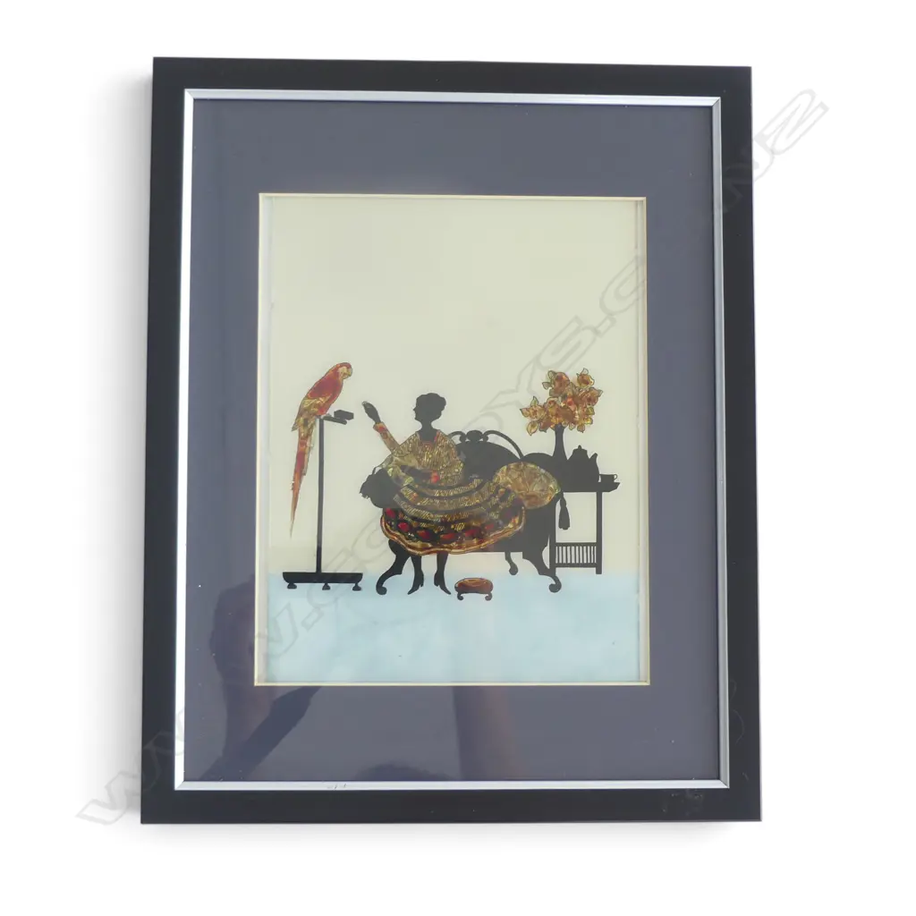 FRAMED REVERSE  GLASS PAINTING  ART OF A LADY FEEDING A PARROT,390 X 310MM Image 1++