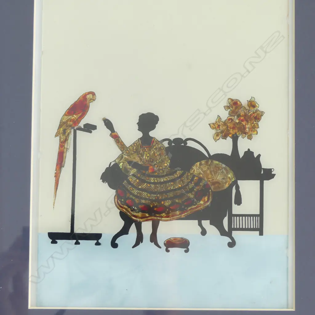 FRAMED REVERSE  GLASS PAINTING  ART OF A LADY FEEDING A PARROT,390 X 310MM Image 1++