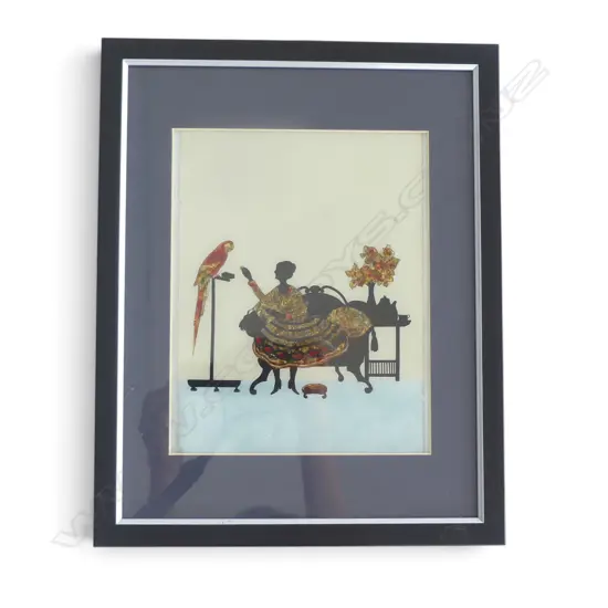 FRAMED REVERSE  GLASS PAINTING  ART OF A LADY FEEDING A PARROT,390 X 310MM