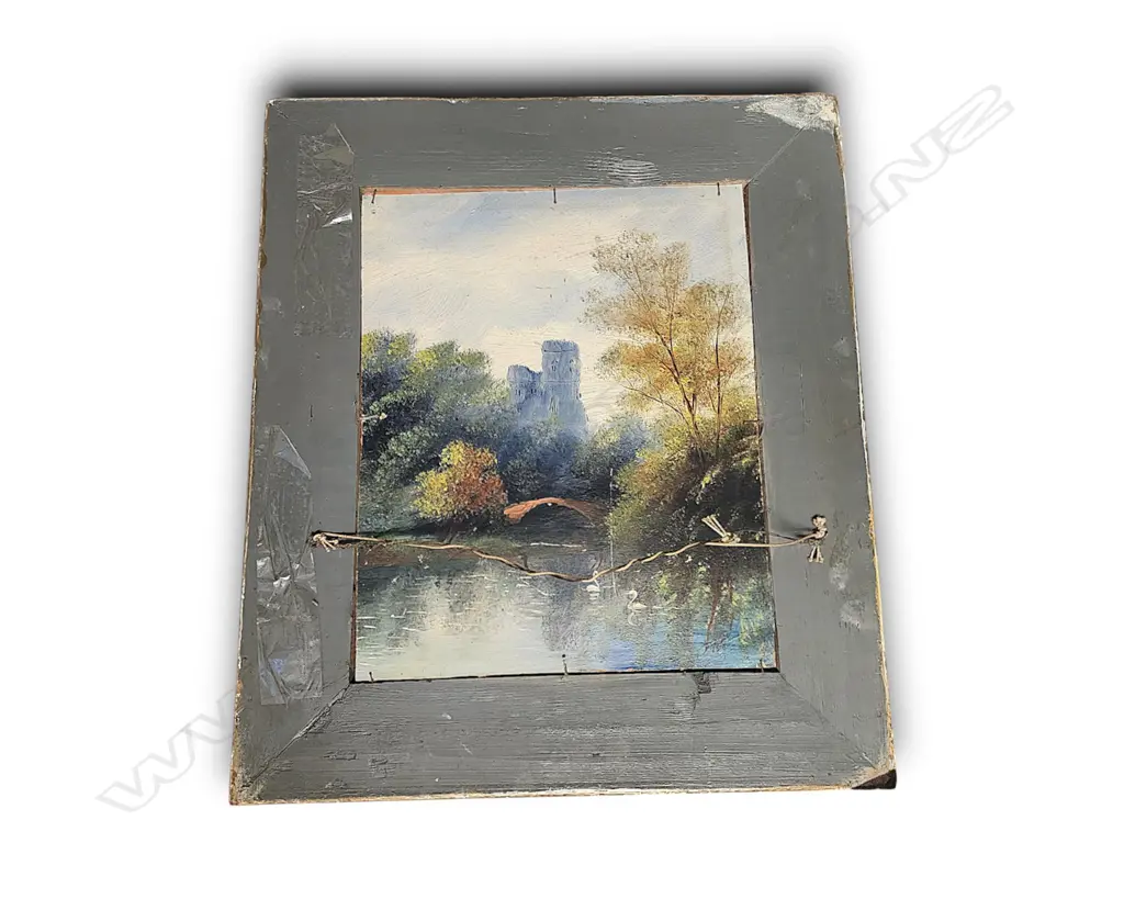 VINTAGE-STYLE GOLD GILT MIRROR W LANDSCAPE OIL PAINTING USED AS A BACKING BOARD 600h X 500 MM Image 1++