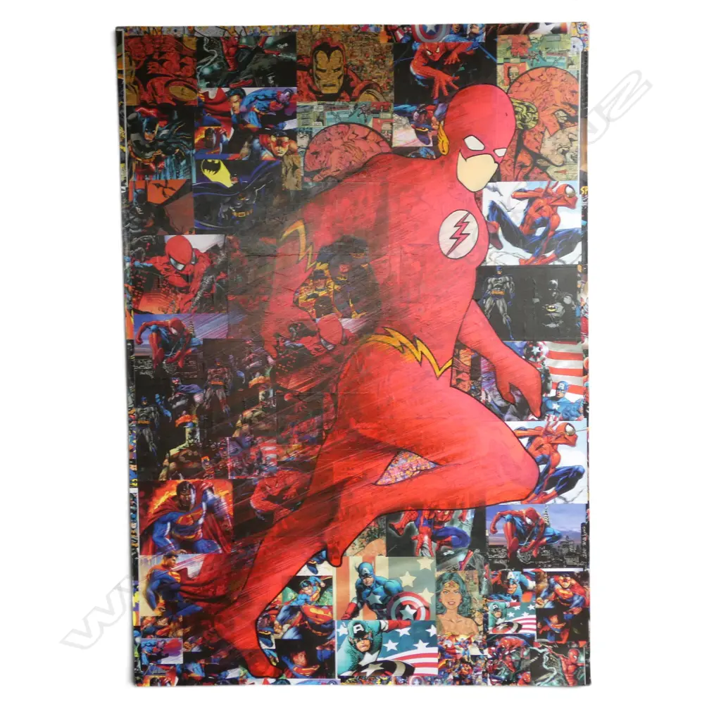 ARTIST UNKNOWN, SUPERHEROS, COLLAGE AND HANDPAINTING ON CANVAS, 2000 X 1400mm Image 1++