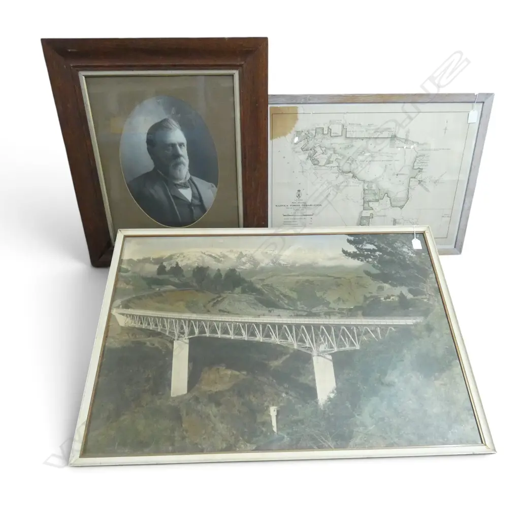3 ARTWORKS; MAP OF WAIPOUA FOREST, PRINT OF MOHAKA RIVER BRIDGE &  B/W PHOTO RICHARD SEDDON Ex John Perry Estate Image 1++
