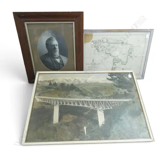 3 ARTWORKS; MAP OF WAIPOUA FOREST, PRINT OF MOHAKA RIVER BRIDGE &  B/W PHOTO RICHARD SEDDON Ex John Perry Estate
