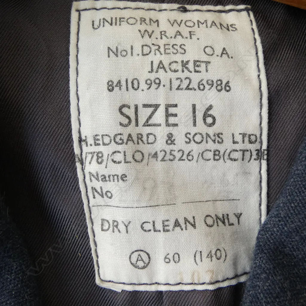 VINTAGE WOMANS UNIFORM JACKET leabel reads W.R.A.F. Size 16, H. Edgard & Sons Ltd. Image 1++