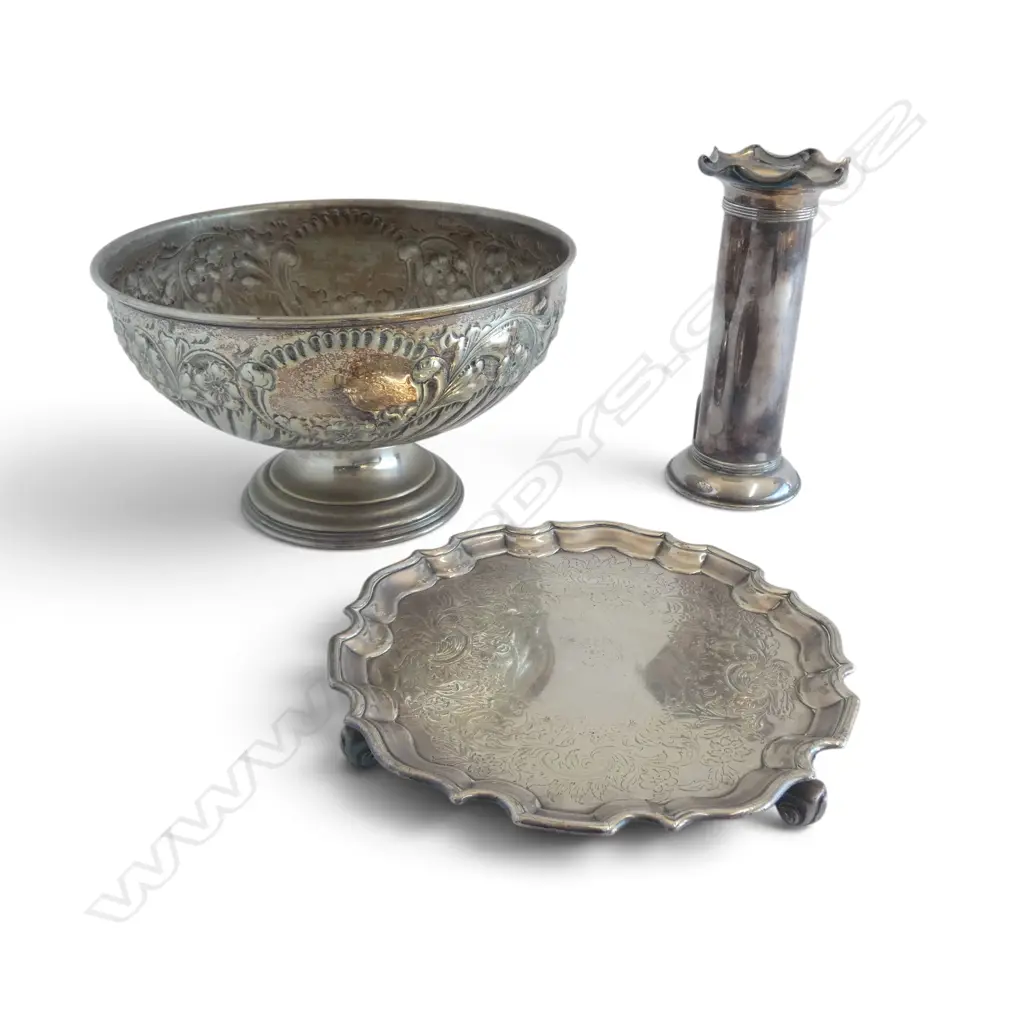 SILVER PLATE PUNCH BOWL DIA230MM & SILVER PLATE SALVER & VASE H180MM Image 1++