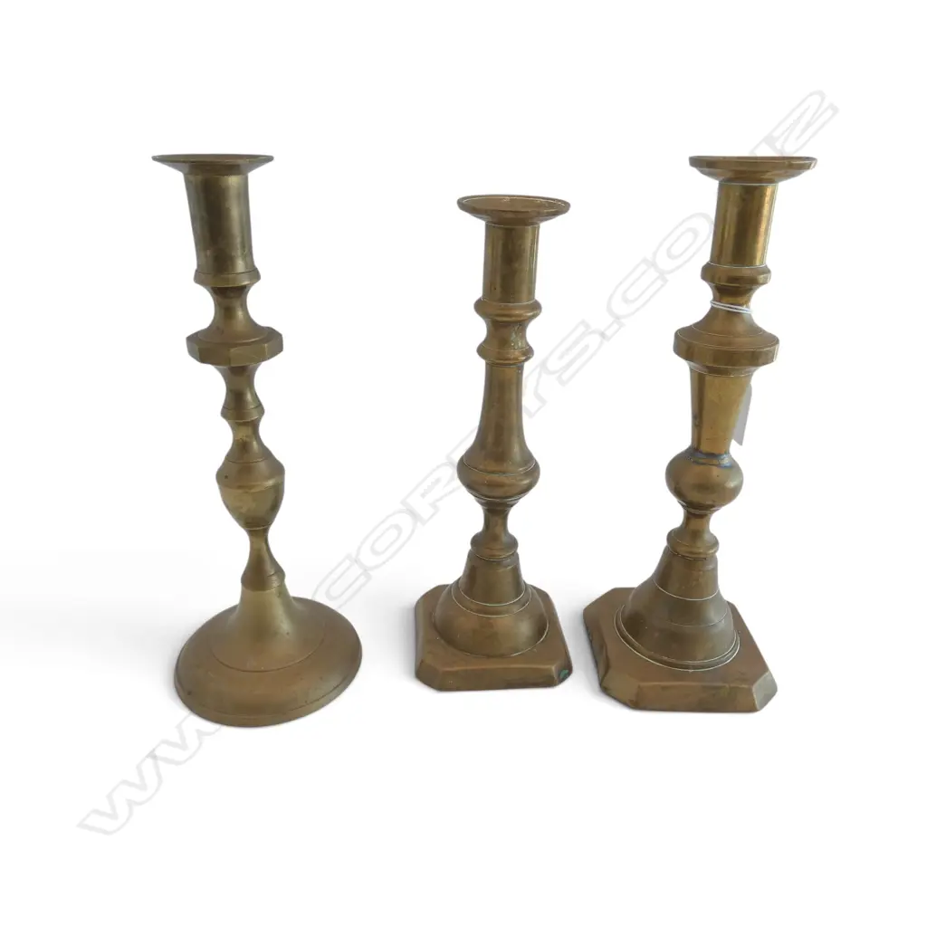 3 MISSMATCHED BRASS CANDLESTICKS H240MM Image 1++