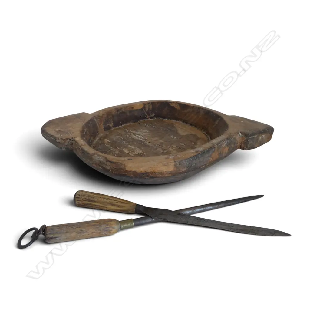 2 HORN HANDLED UTENSILS L.380mm + WOODEN BOWL Image 1++