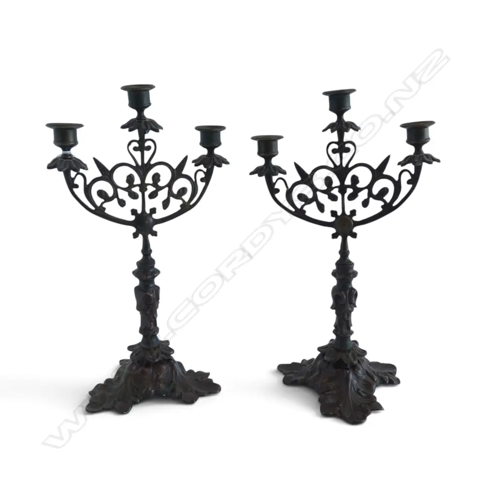 PR 19thC PATINATED BRONZE CANDLESTICKS 3 sconce leaf form base to each. H.355mm. Image 1++