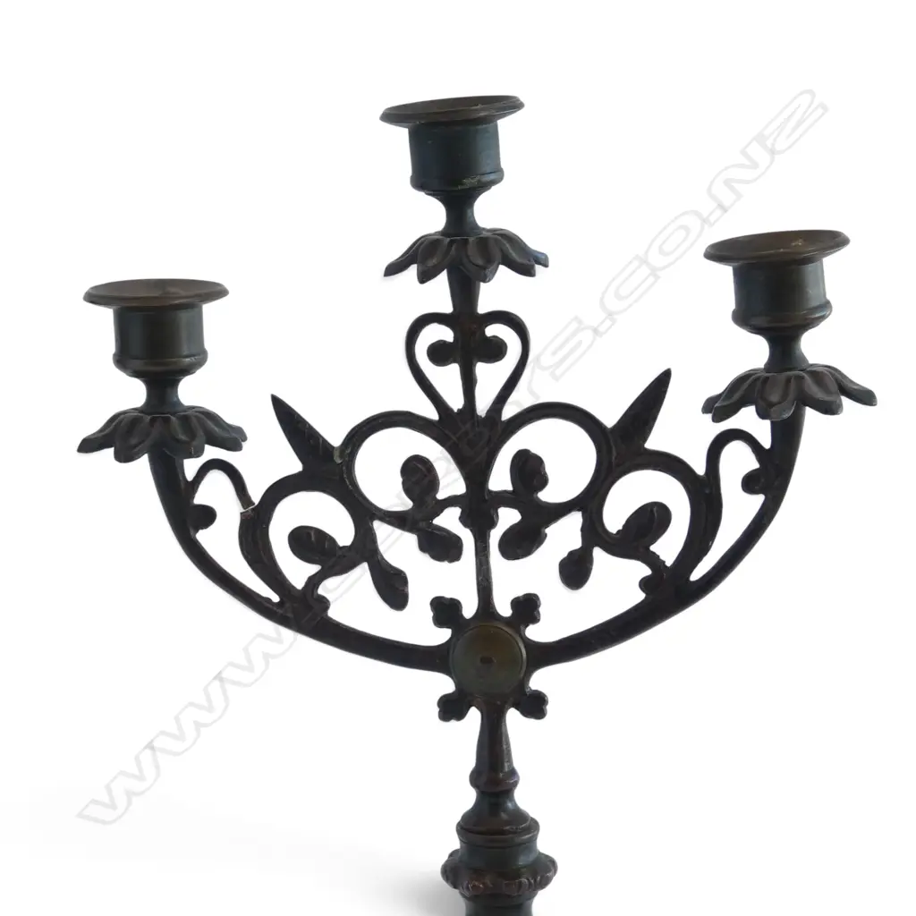 PR 19thC PATINATED BRONZE CANDLESTICKS 3 sconce leaf form base to each. H.355mm. Image 1++