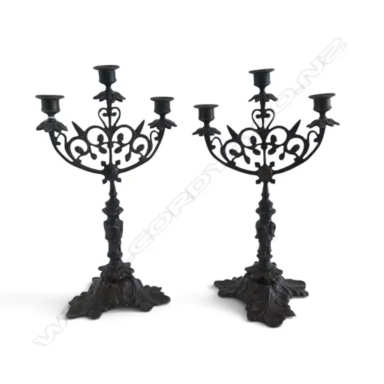 PR 19thC PATINATED BRONZE CANDLESTICKS 3 sconce leaf form base to each. H.355mm.
