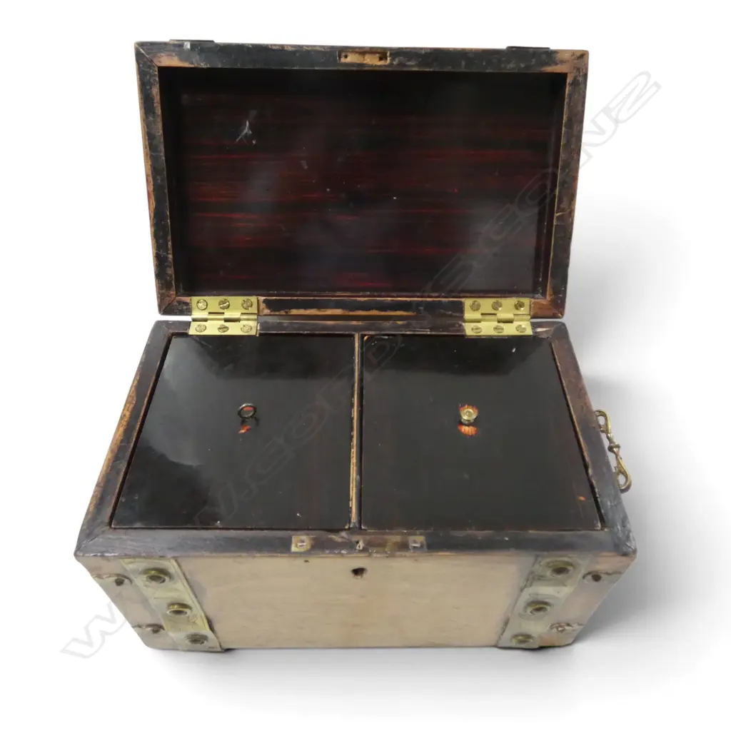 VINTAGE BRASS BOUND TEA CADDY CHEST W.230mm Image 1++